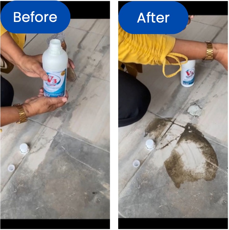 Hasil sebelum dan sesudah penggunaan V3 Cement Cleaner pada lantai berkerak semen